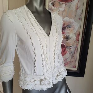 Joseph Ribkoff White Ruffled 3/4 Sleeve Blouse/Jacket - Size 10